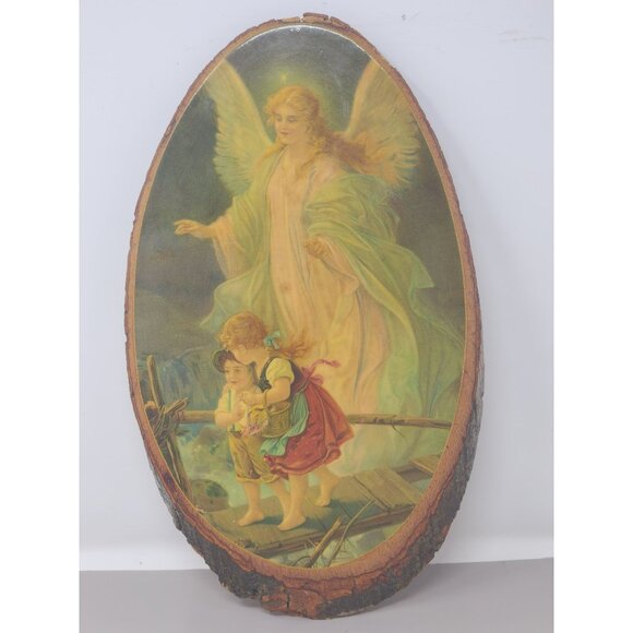 Vintage Guardian Angel Rustic Wood Slab/Bark‎ Stamped Warbonnet Zoo WI - Picture 1 of 10